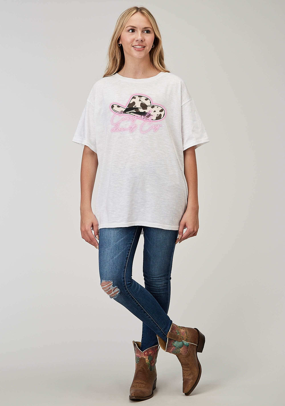 Roper Womens Short Sleeve White Cotton Slub Jersey Tee With Oversized Screen Print Decoration - Roper - Flyclothing LLC