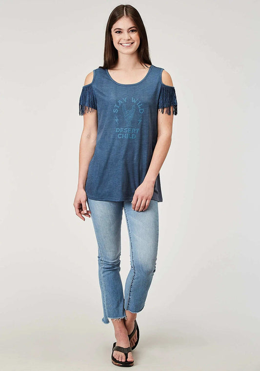 Roper Womens Short Sleeve Navy Blue Poly Rayon Tee With Cold Shoulder And Poly Fringe Screen Print - Roper - Flyclothing LLC