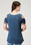 Roper Womens Short Sleeve Navy Blue Poly Rayon Tee With Cold Shoulder And Poly Fringe Screen Print - Roper