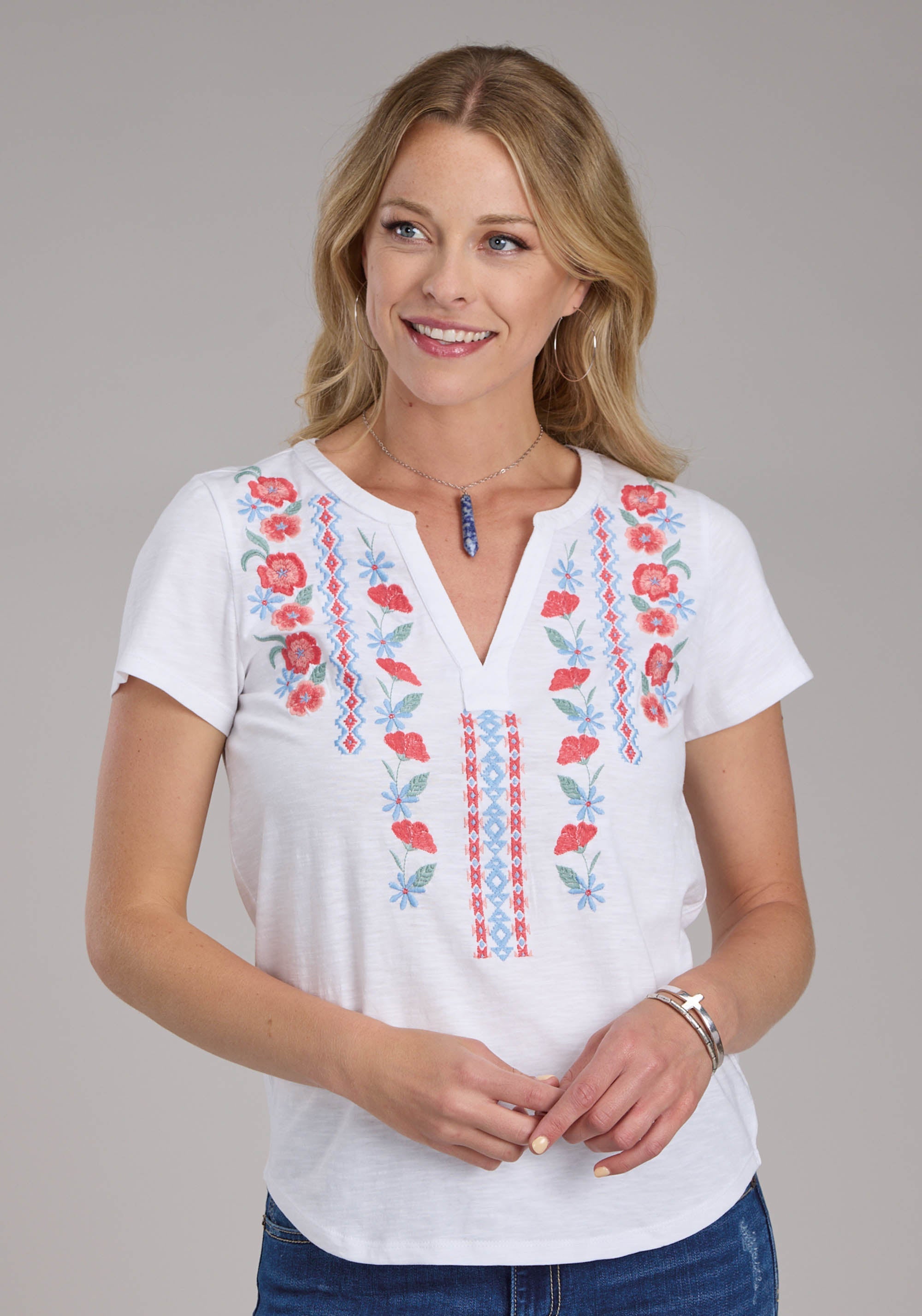 Roper Womens White Cotton Slub Jersey Tee Short Sleeve Pullover Wester