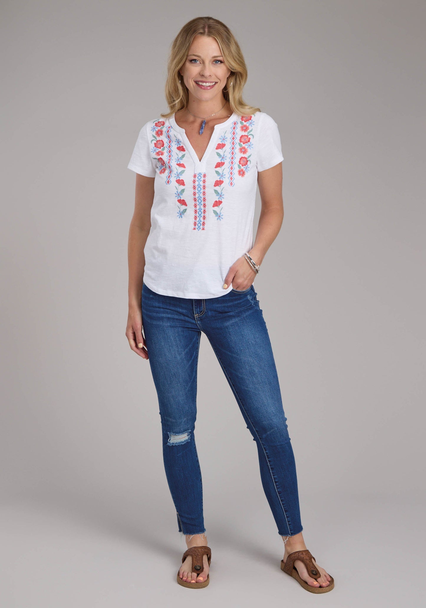 Roper Womens White Cotton Slub Jersey Tee Short Sleeve Pullover Western Shirt