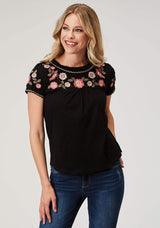 Roper Womens Short Sleeve Cotton Slub Jersey Peasant Top With Embroidery Front Yokes And Sleeves - Roper - Flyclothing LLC