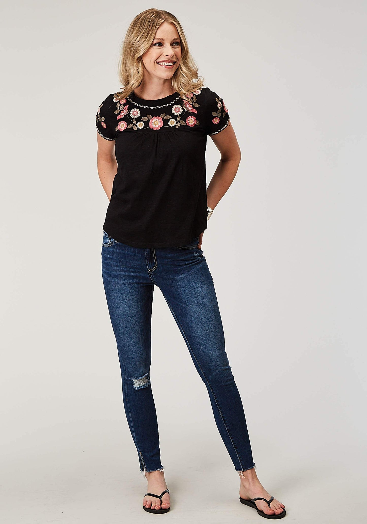 Roper Womens Short Sleeve Cotton Slub Jersey Peasant Top With Embroidery Front Yokes And Sleeves - Roper - Flyclothing LLC
