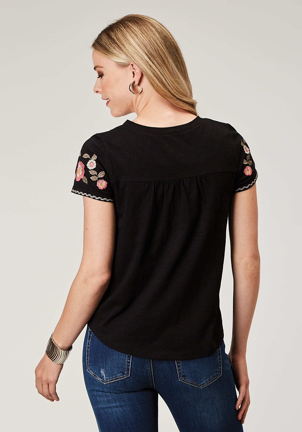 Roper Womens Short Sleeve Cotton Slub Jersey Peasant Top With Embroidery Front Yokes And Sleeves - Roper - Flyclothing LLC