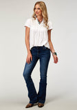 Roper Womens Short Sleeve Cotton Slub Jersey Peasant Top With Tie Closure Key Hole Schiffli Embroidery Yokes - Roper