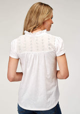 Roper Womens Short Sleeve Cotton Slub Jersey Peasant Top With Tie Closure Key Hole Schiffli Embroidery Yokes - Roper - Flyclothing LLC