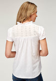 Roper Womens Short Sleeve Cotton Slub Jersey Peasant Top With Tie Closure Key Hole Schiffli Embroidery Yokes - Roper