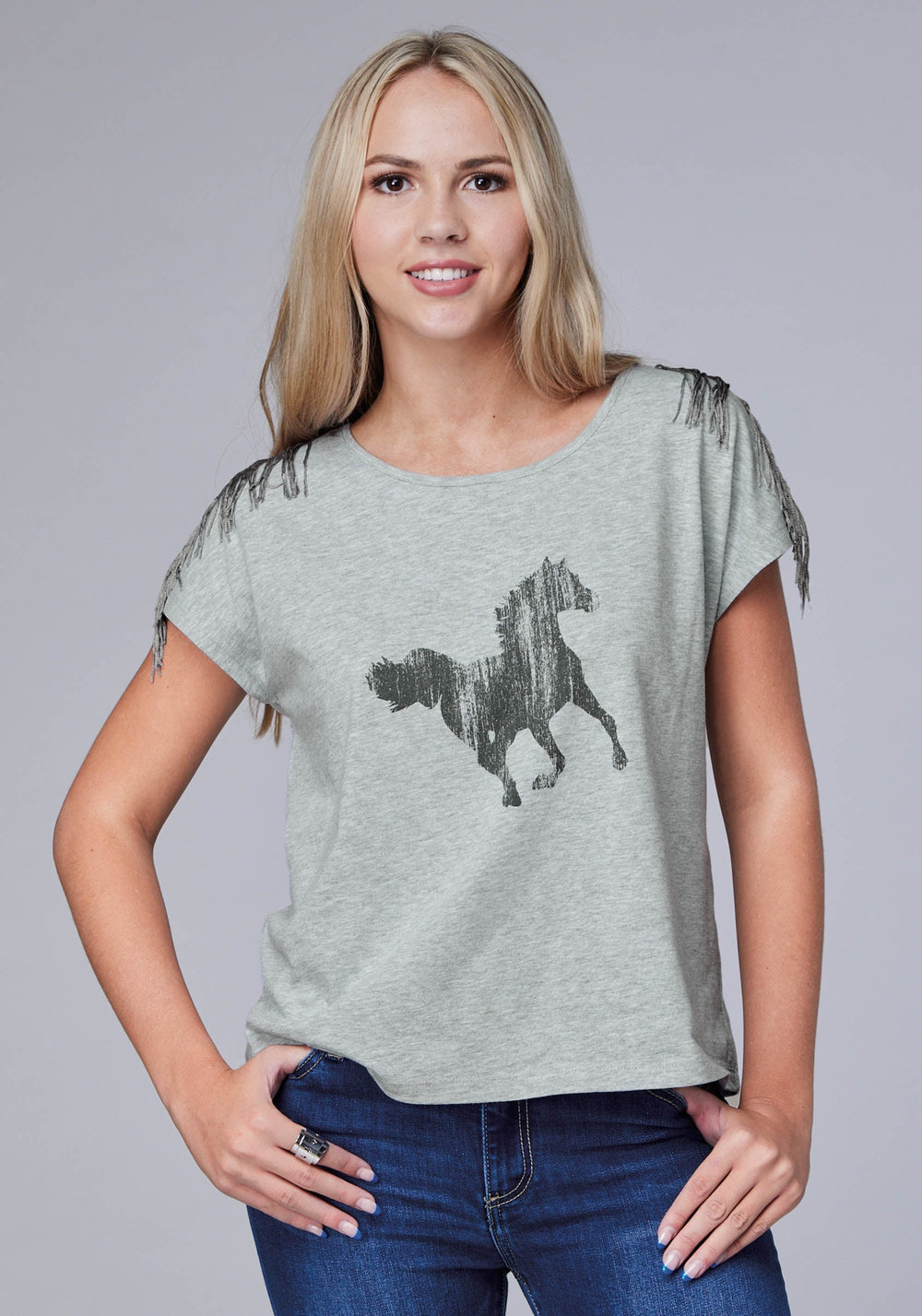 Roper Womens Short Sleeve Cotton Poly Knit Jersey Tee With Crew Neck Fringe Screen Print Decoration - Roper