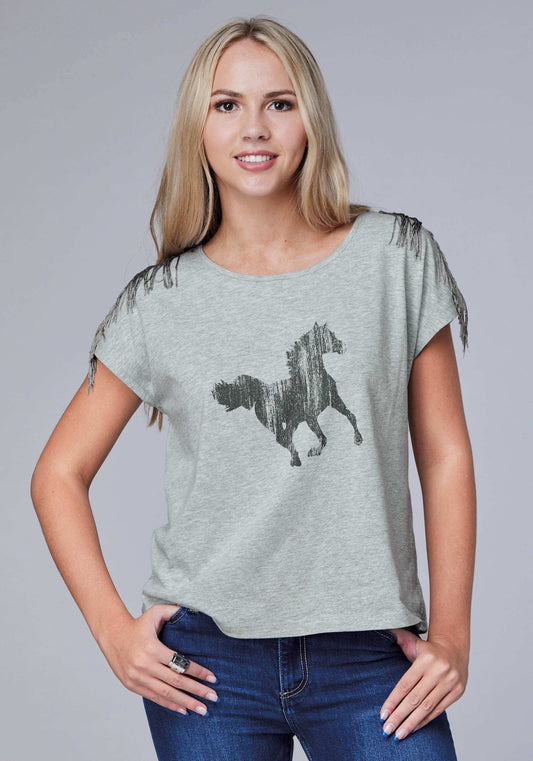 Roper Womens Short Sleeve Cotton Poly Knit Jersey Tee With Crew Neck Fringe Screen Print Decoration - Roper - Flyclothing LLC