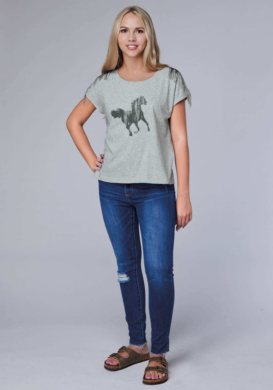 Roper Womens Short Sleeve Cotton Poly Knit Jersey Tee With Crew Neck Fringe Screen Print Decoration - Roper - Flyclothing LLC