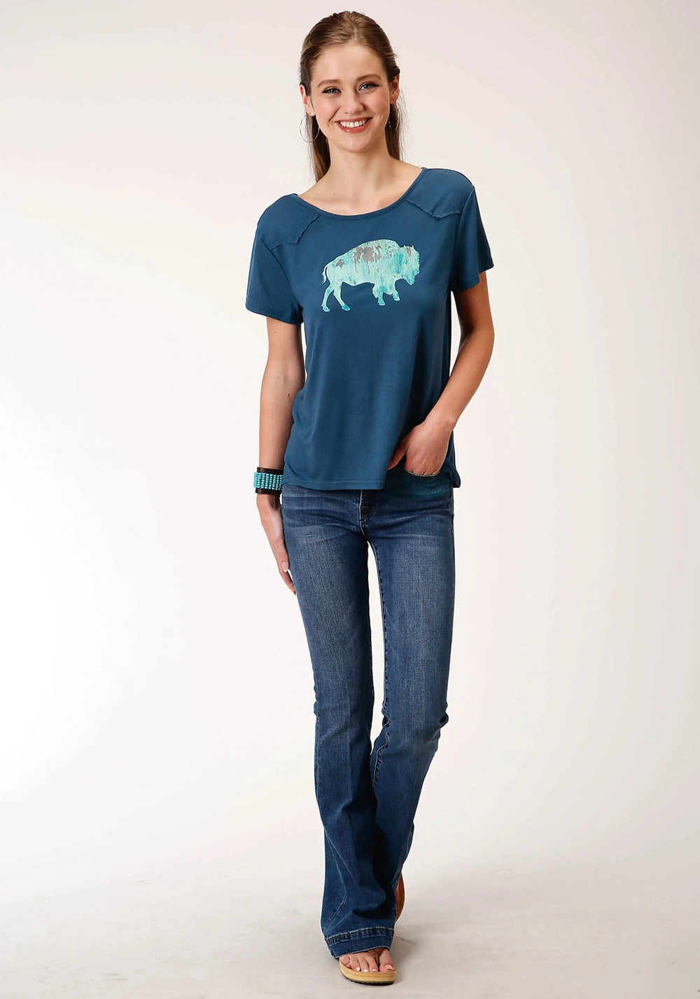 Roper Womens Navy Blue Poly Rayon Swing Short Sleeve Knit Top - Roper