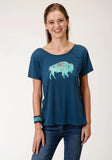 Roper Womens Navy Blue Poly Rayon Swing Short Sleeve Knit Top - Roper