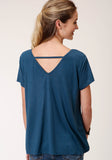 Roper Womens Navy Blue Poly Rayon Swing Short Sleeve Knit Top - Roper