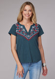 Roper Womens Short Sleeve Cotton Slub Jersey Tee With Split V Neck Top And Embroidery - Roper