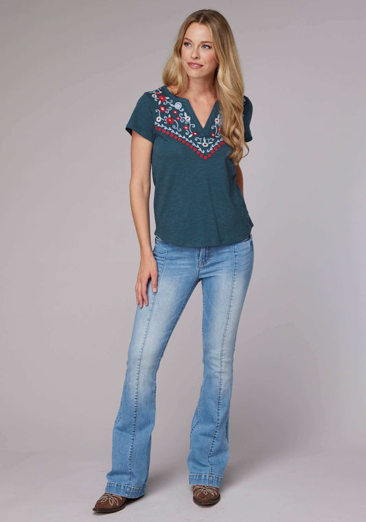Roper Womens Short Sleeve Cotton Slub Jersey Tee With Split V Neck Top And Embroidery - Roper - Flyclothing LLC