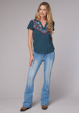 Roper Womens Short Sleeve Cotton Slub Jersey Tee With Split V Neck Top And Embroidery - Roper