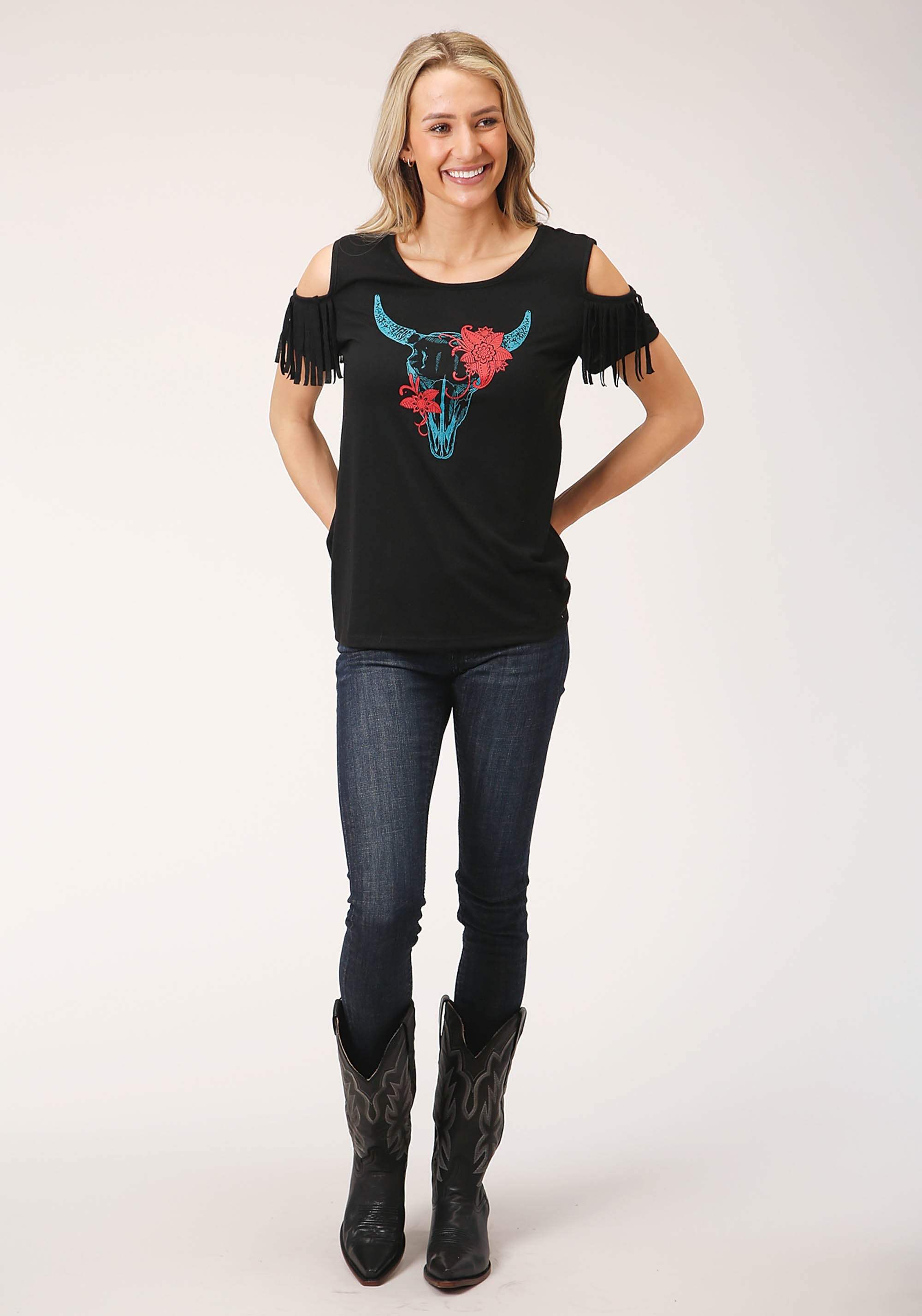 Roper Womens Short Sleeve Knit Poly Rayon Short Sleeve Scoop Neck Tee Top - Roper - Flyclothing LLC