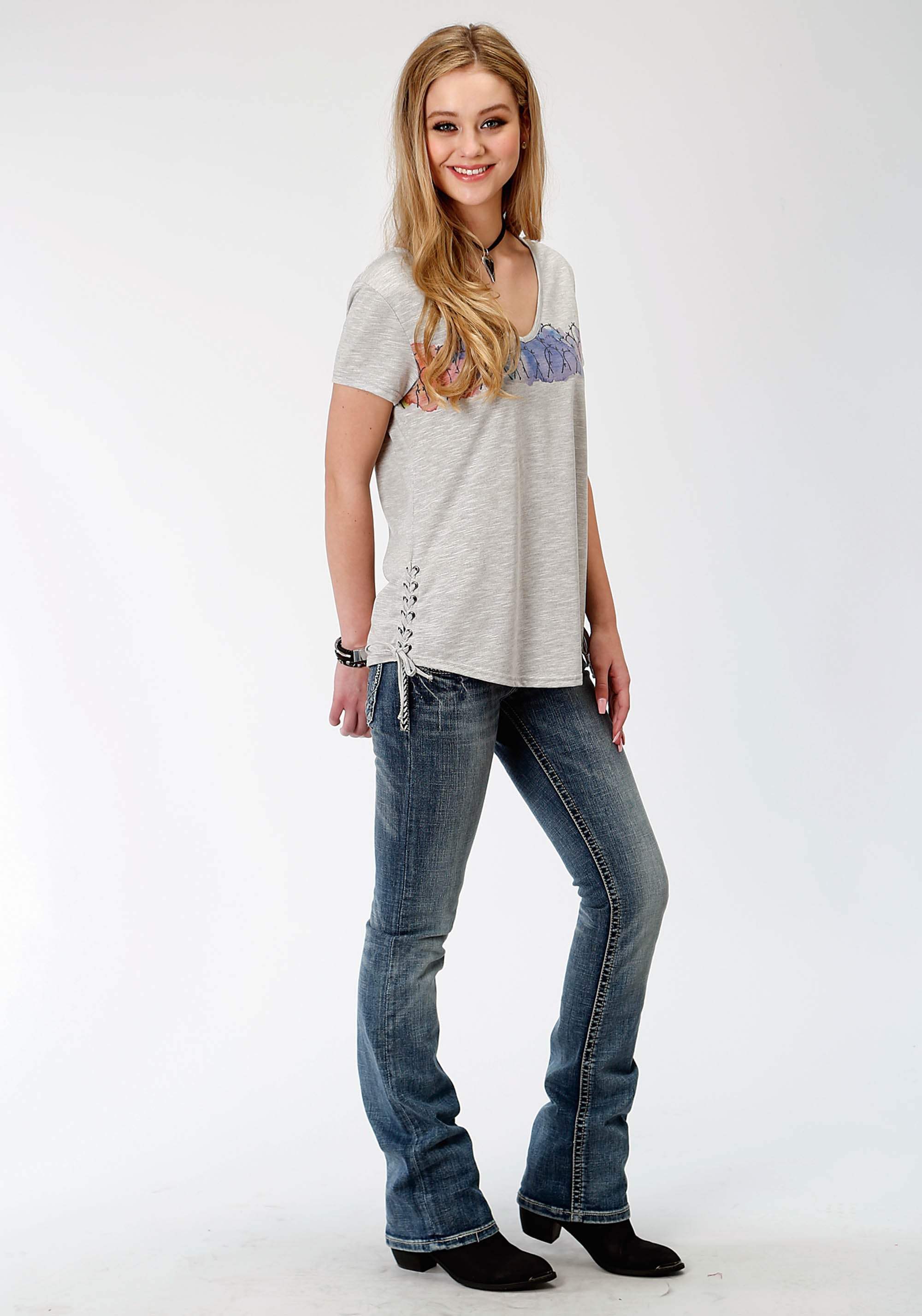 Roper Womens Grey With Screen Print Cactus Short Sleeve Knit Top - Roper - Flyclothing LLC