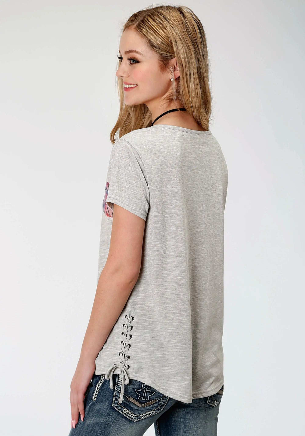 Roper Womens Grey With Screen Print Cactus Short Sleeve Knit Top - Roper - Flyclothing LLC