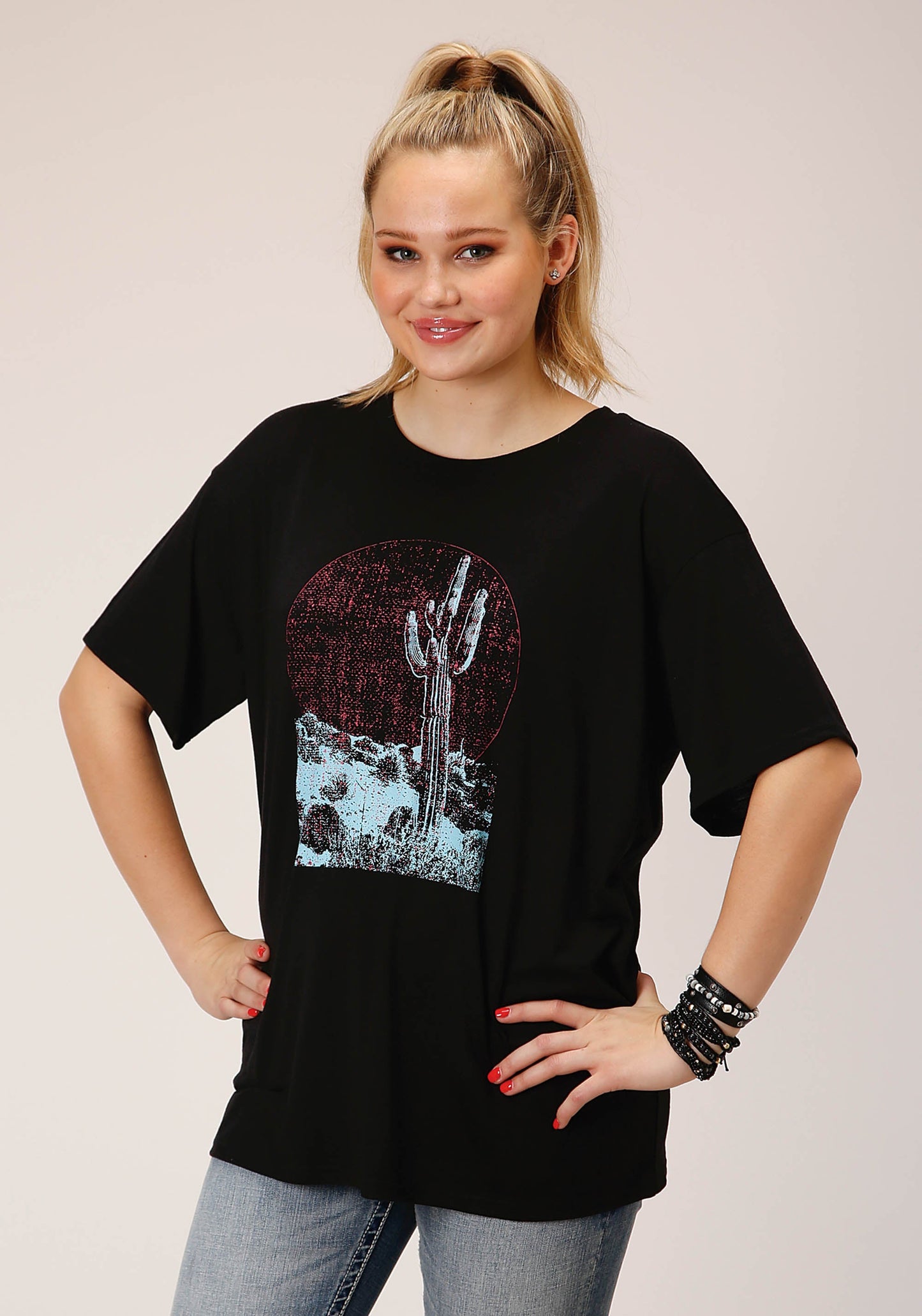 Roper Womens Short Sleeve Knit Solid Black Poly Rayon Short Sleeve  Te