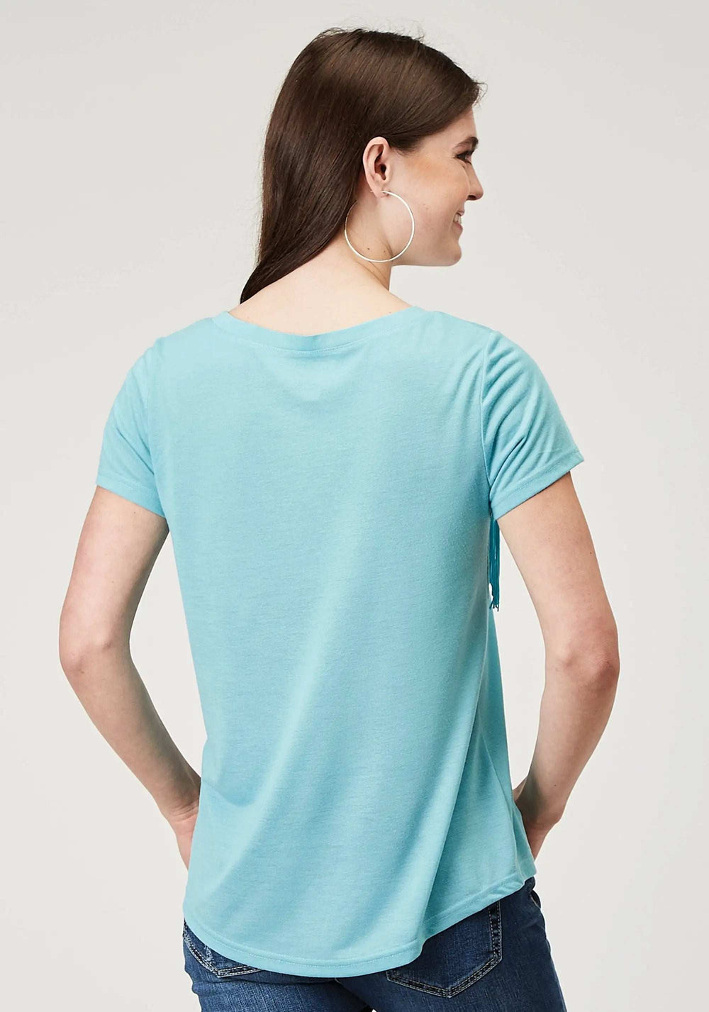 Roper Womens Short Sleeve Light Blue Poly Rayon Tee With Front Yoke And Poly Fringe - Roper - Flyclothing LLC