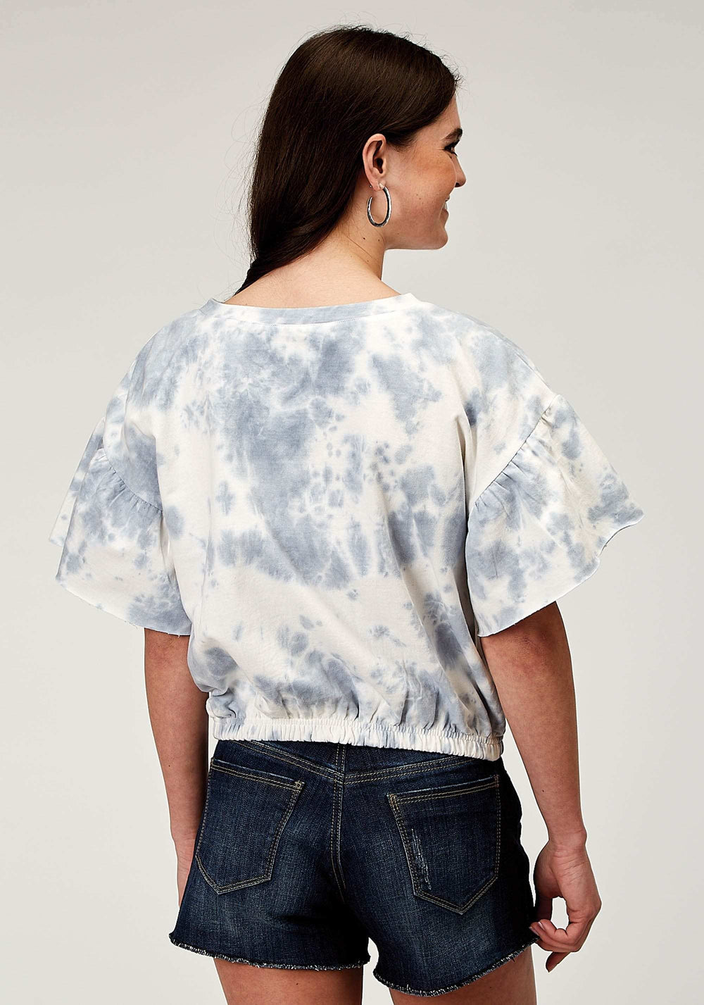 Roper Womens Short Sleeve Blue White Tie Dye French Terry Top With Crew Neck Short Flutter Sleeves Cropped - Roper - Flyclothing LLC