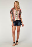 Roper Womens Short Sleeve Poly Spandex Sweater Knit Tee Top With Scoop Neck Elbow Length Sleeves Sub Print - Roper