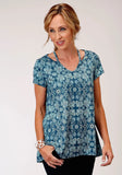 Roper Womens Turquoise And White Paisley Floral Print Short Sleeve Knit Top - Roper