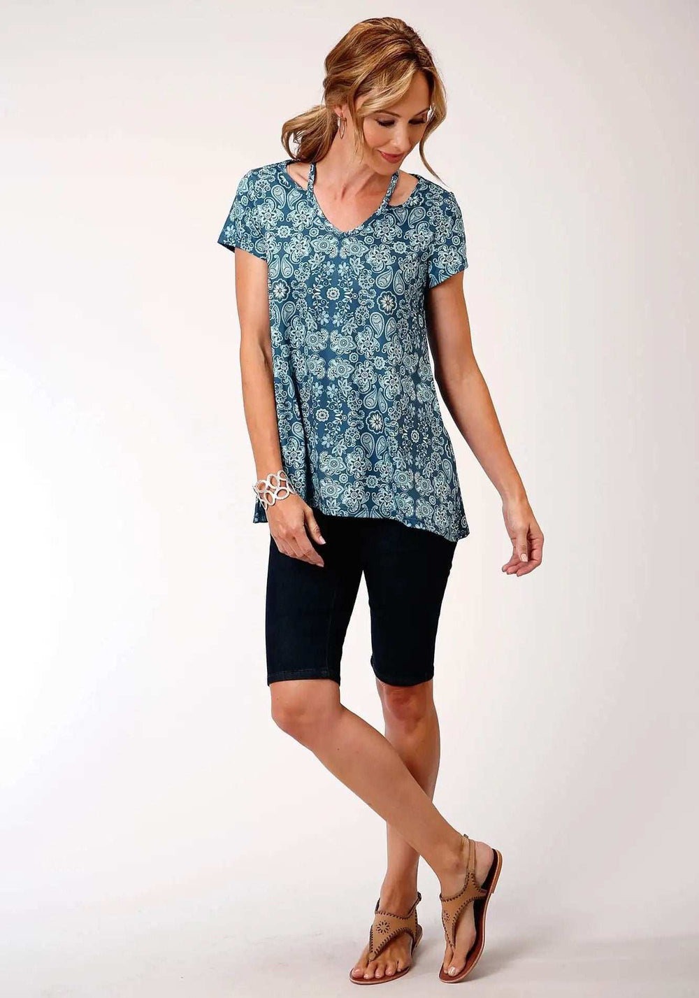 Roper Womens Turquoise And White Paisley Floral Print Short Sleeve Knit Top - Roper - Flyclothing LLC