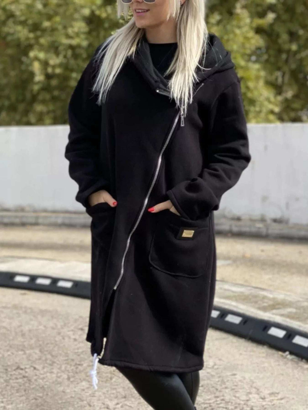 Full Size Asymmetrical Zip-Up Hooded Fleece Outerwear Plus Size - Trendsi - Flyclothing LLC