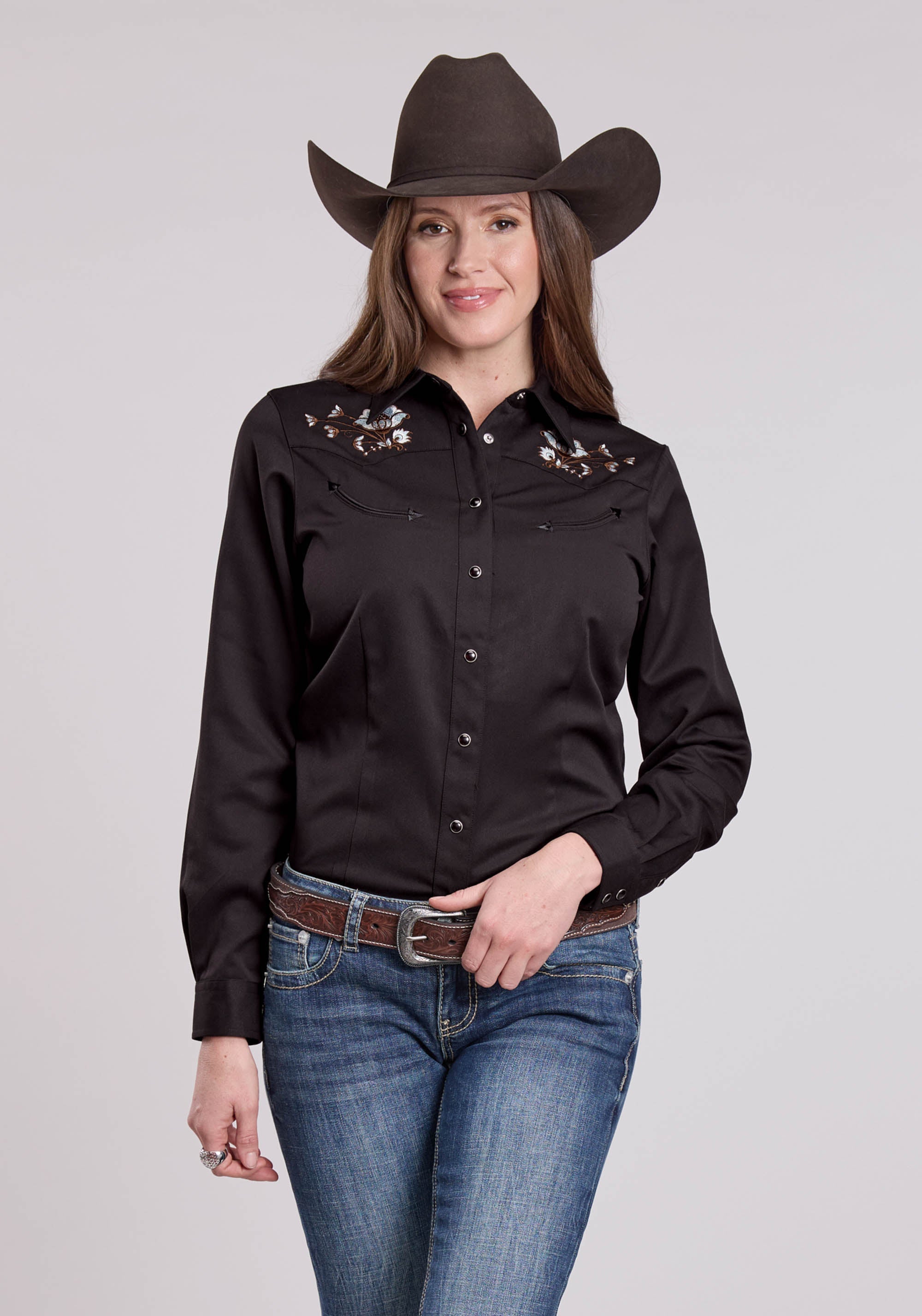 Roper Womens Long Sleeve Snap Jet Black Poly Rayon Western Shirt