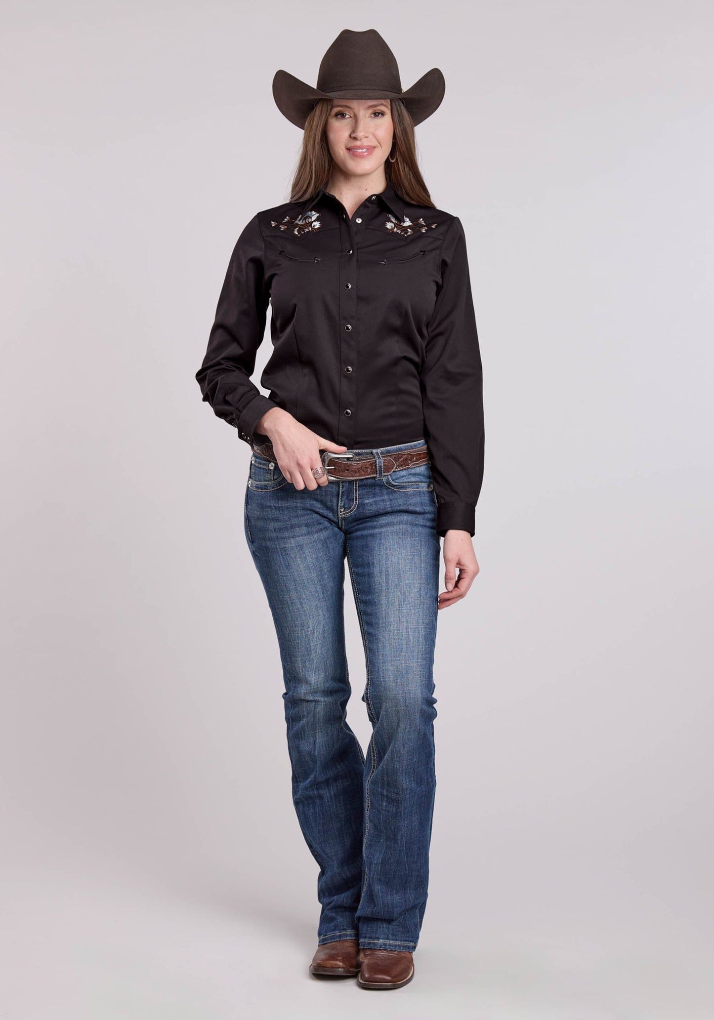 Roper Womens Long Sleeve Snap Jet Black Poly Rayon Western Shirt
