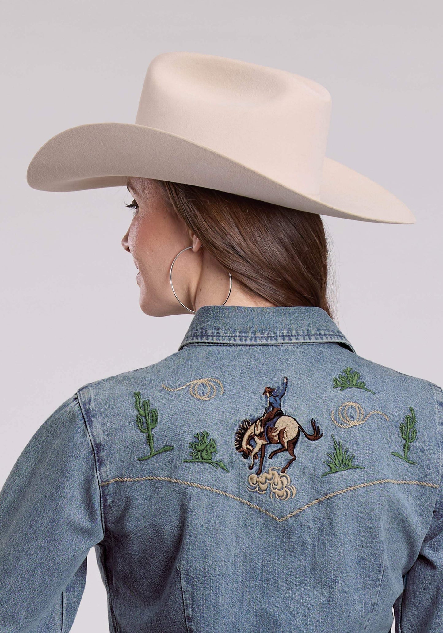Roper Womens Long Sleeve Snap Med Wash Denim Shirt W/ Bronc Rider Embroidered Wes - Roper - Flyclothing LLC