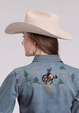Roper Womens Long Sleeve Snap Med Wash Denim Shirt W/ Bronc Rider Embroidered Wes - Roper - Flyclothing LLC