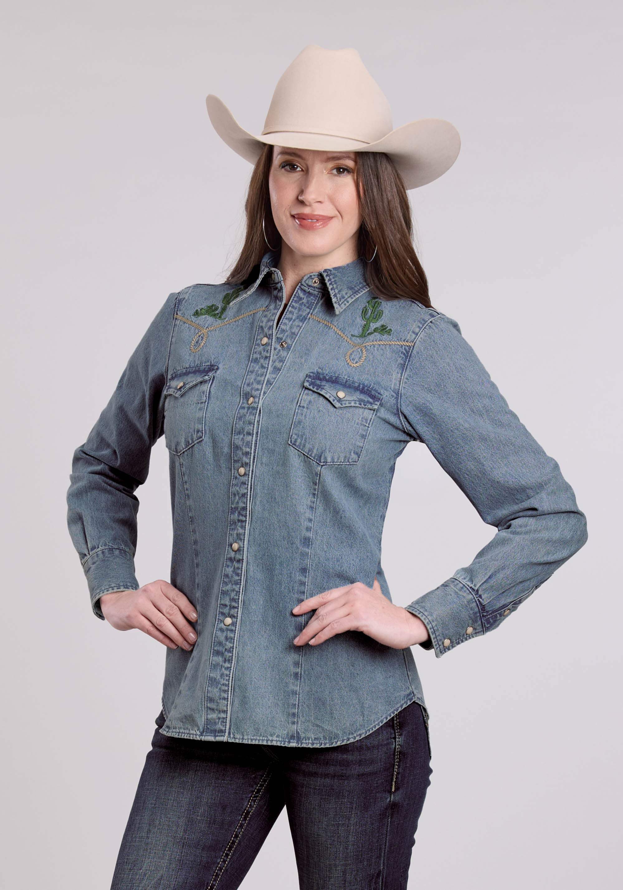 Roper Womens Long Sleeve Snap Med Wash Denim Shirt W/ Bronc Rider Embroidered Wes - Roper - Flyclothing LLC