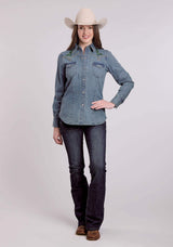 Roper Womens Long Sleeve Snap Med Wash Denim Shirt W/ Bronc Rider Embroidered Wes - Roper - Flyclothing LLC