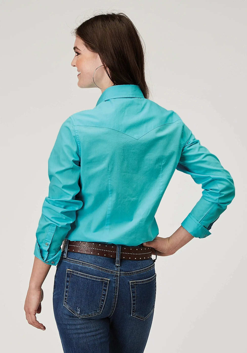 Roper Womens Long Sleeve Snap Solid Poplin Turquoise Western Shirt - Roper - Flyclothing LLC
