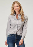 Roper Womens Long Sleeve Snap Solid Poplin Grey Western Shirt - Roper