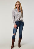Roper Womens Long Sleeve Snap Solid Poplin Grey Western Shirt - Roper