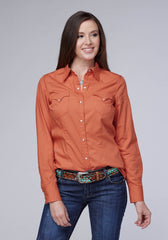 Roper Womens Long Sleeve Snap Solid Poplin Tangerine Western Shirt - Roper