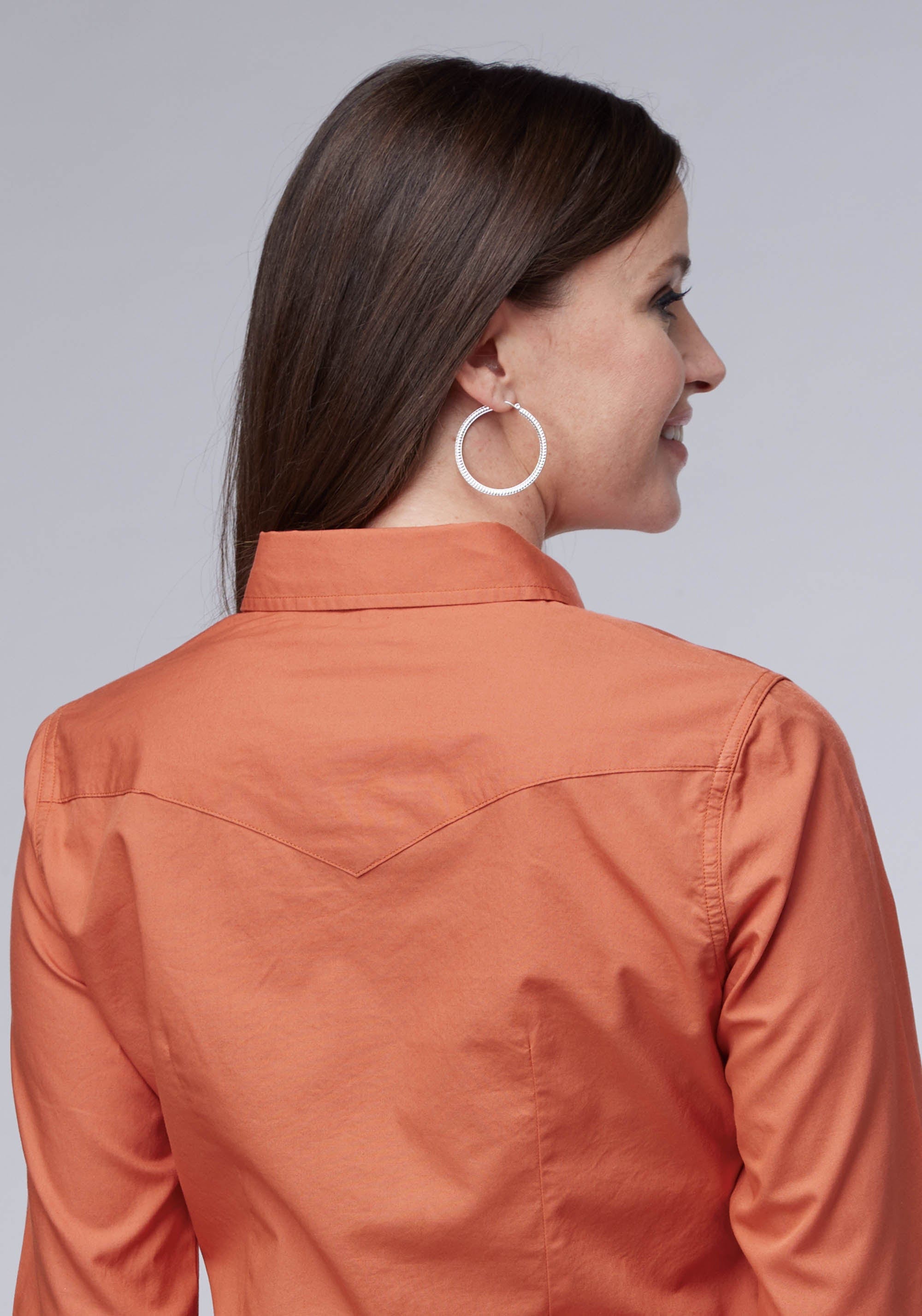 Roper Womens Long Sleeve Snap Solid Poplin Tangerine Western Shirt - Roper