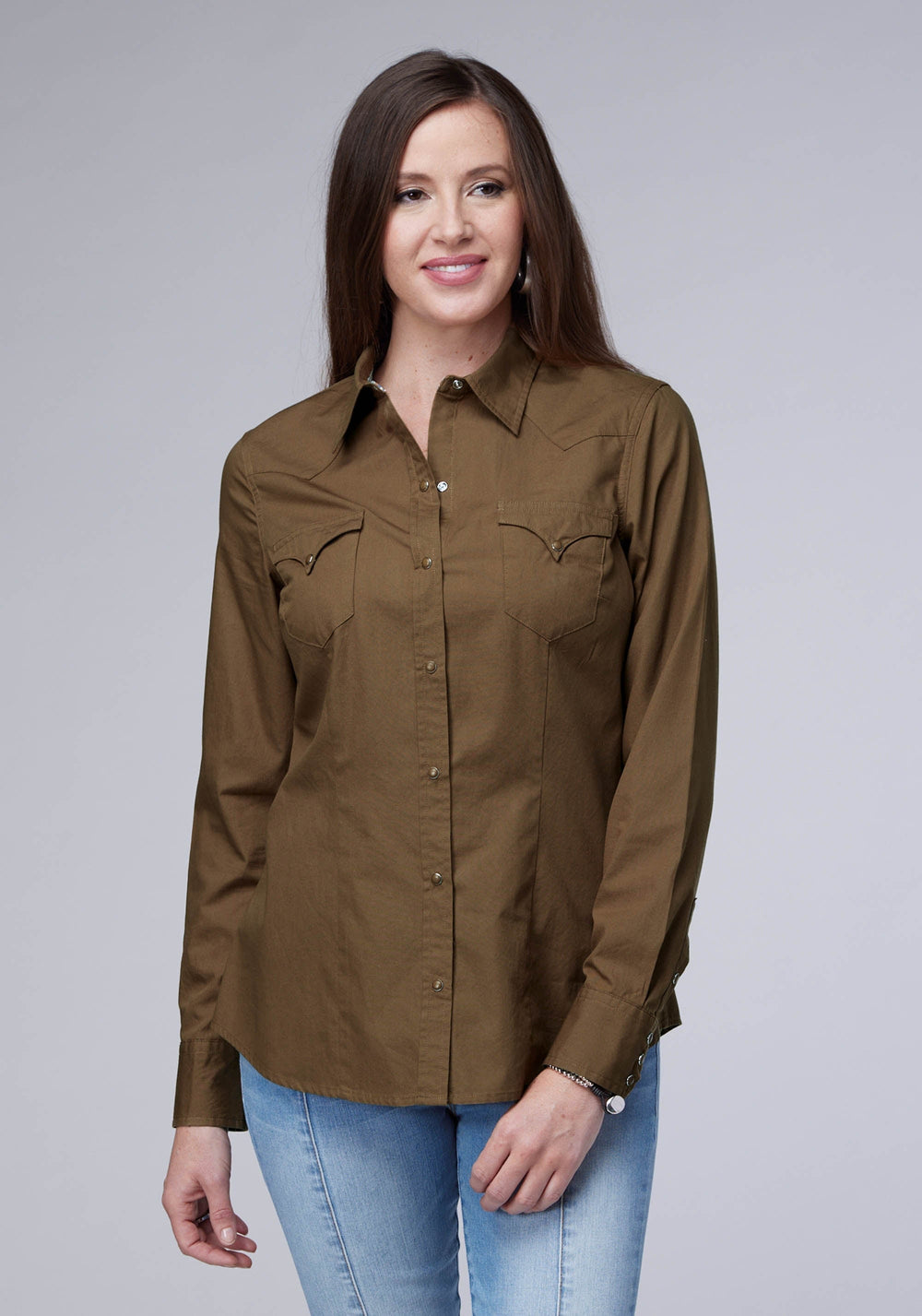 Roper Womens Long Sleeve Snap Solid Poplin Cocoa Western Shirt - Roper