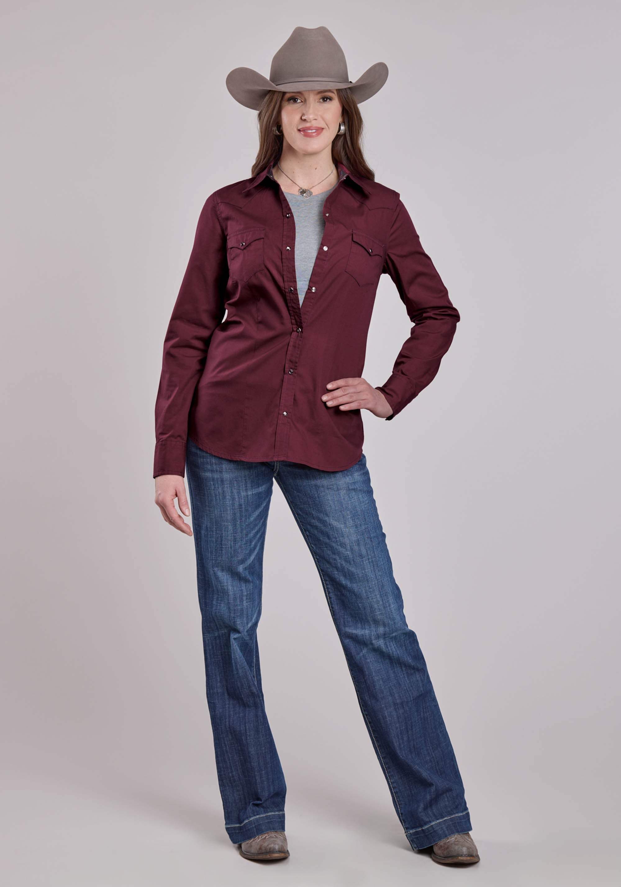 Womens Roper Solid Poplin Wine Long Sleeve Snap Shirt - Roper - Flyclothing LLC
