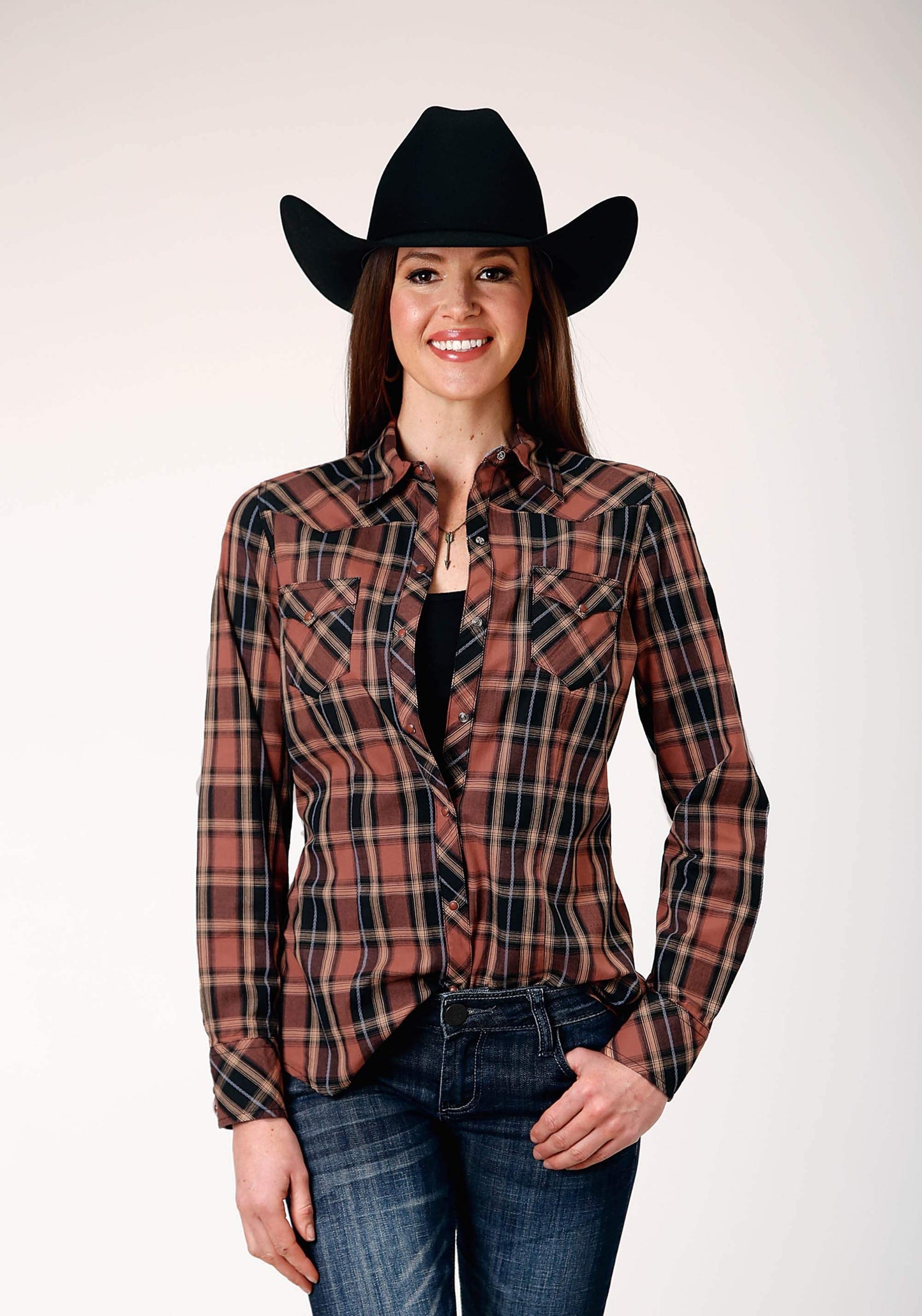 Roper Womens Long Sleeve Snap Arrow Dobby Plaid Western Shirt - Roper - Flyclothing LLC