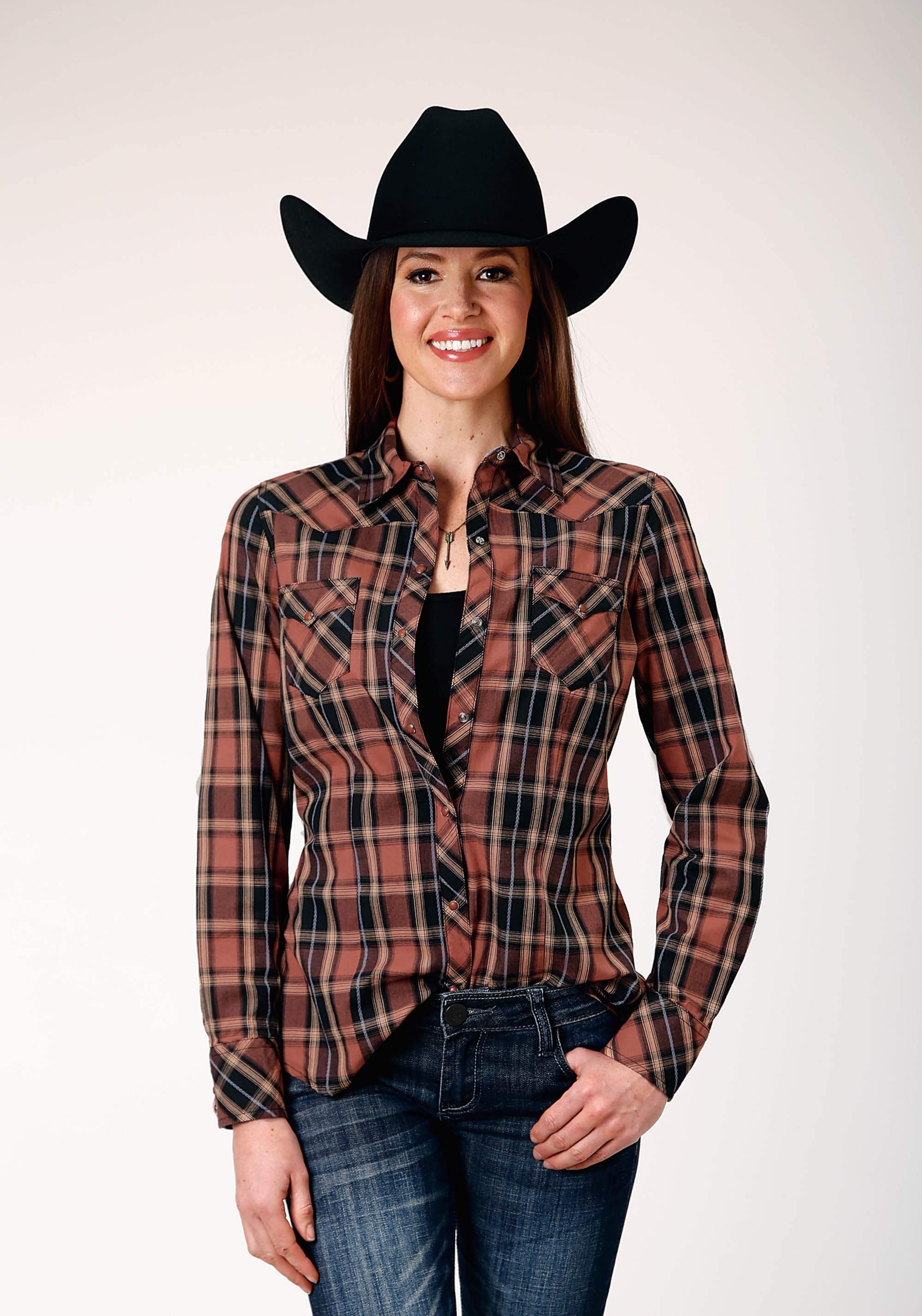 Roper Womens Long Sleeve Snap Arrow Dobby Plaid Western Shirt - Roper - Flyclothing LLC