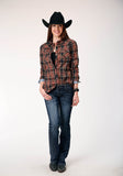 Roper Womens Long Sleeve Snap Arrow Dobby Plaid Western Shirt - Roper