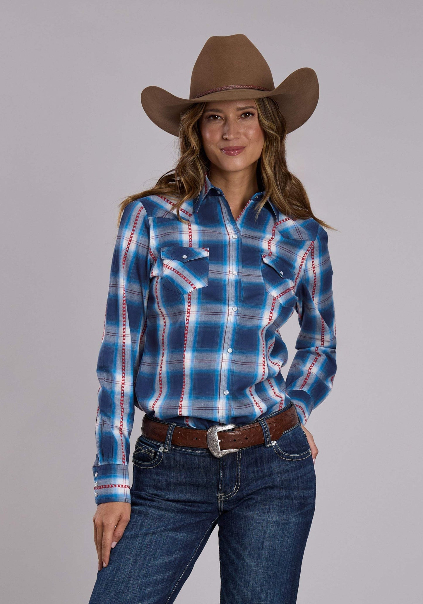 Womens Roper Star Dobby Plaid Long Sleeve Snap Shirt - Roper - Flyclothing LLC