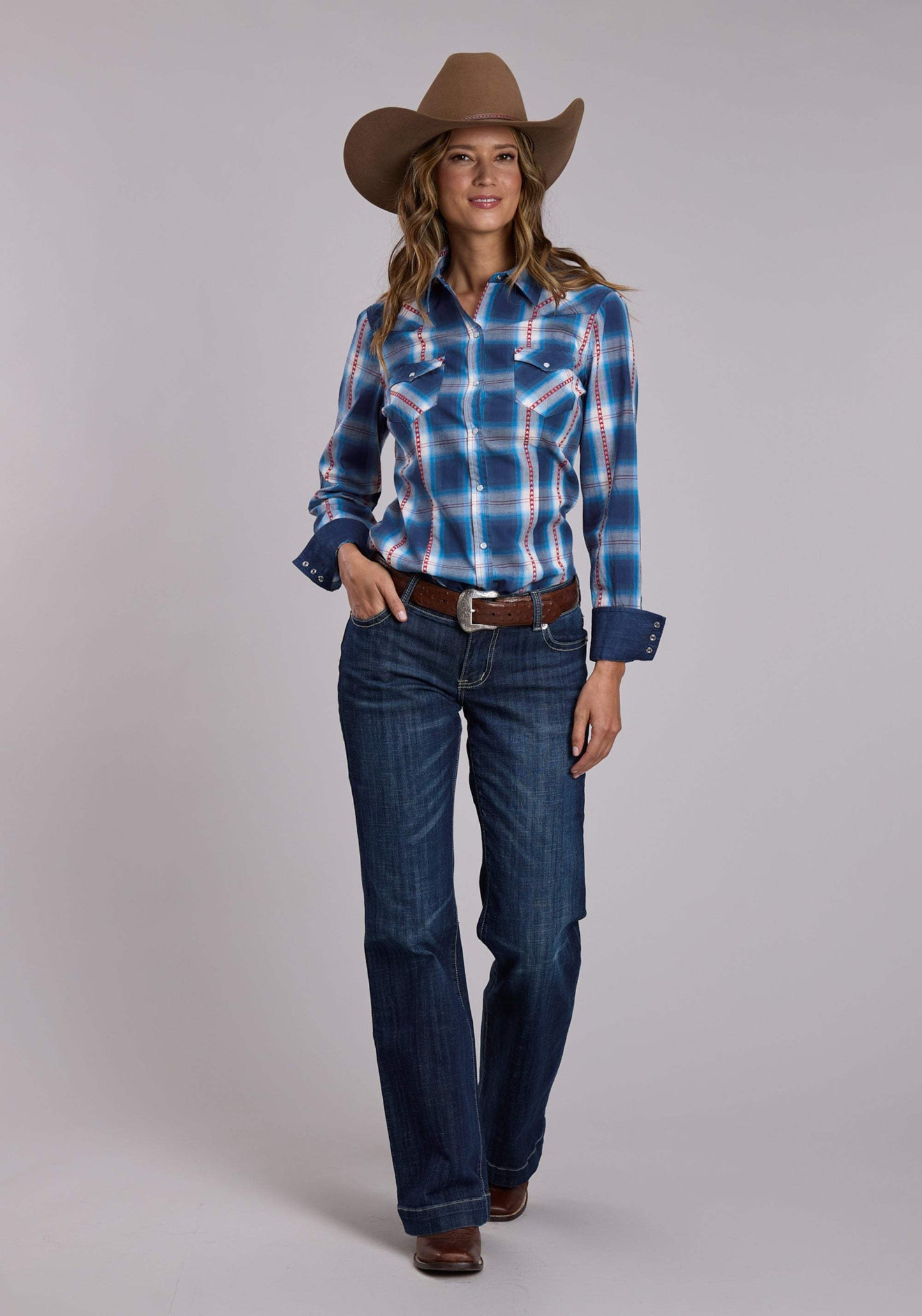 Womens Roper Star Dobby Plaid Long Sleeve Snap Shirt - Roper - Flyclothing LLC