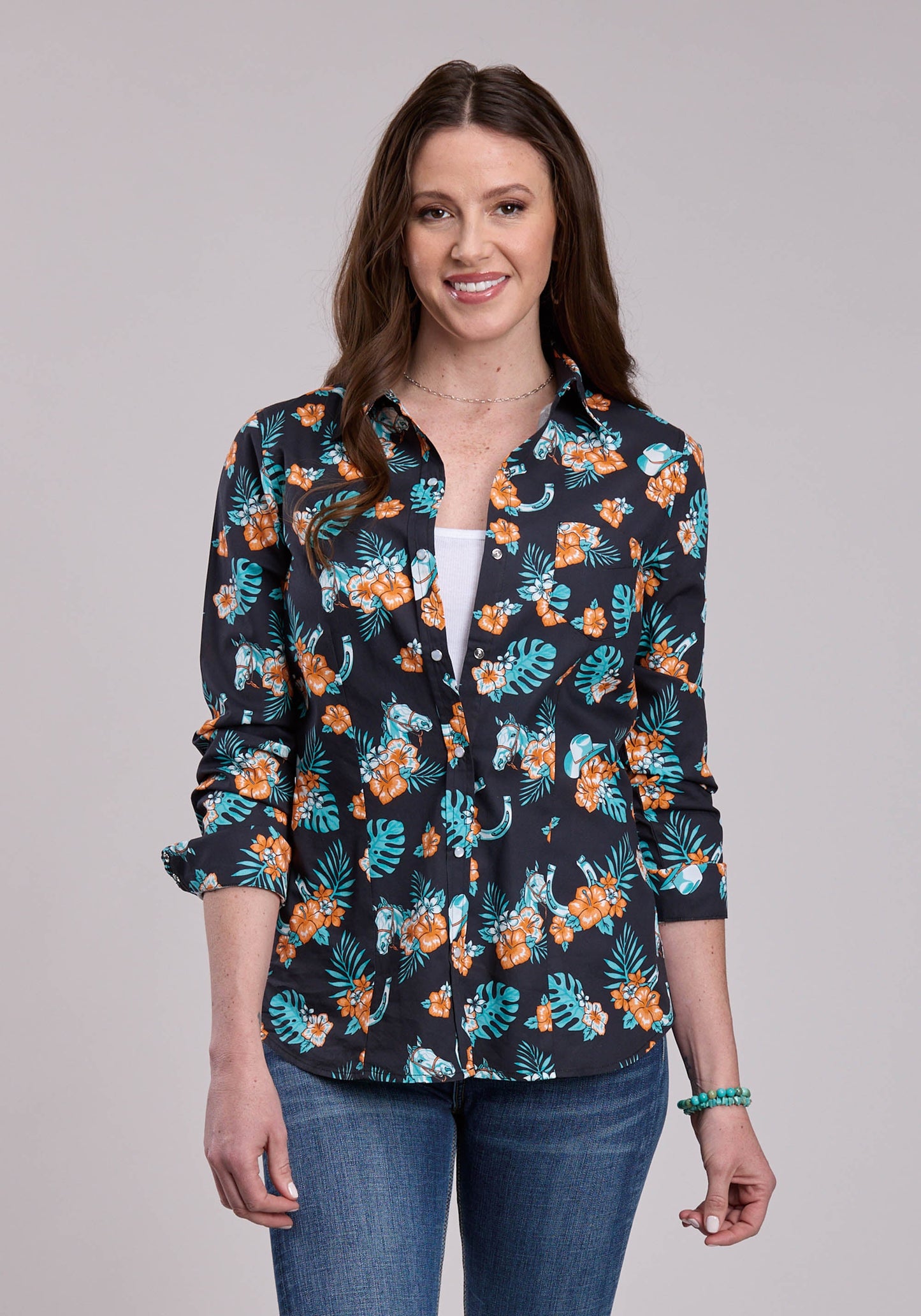 Womens Roper Hawaiian Print Long Sleeve Snap Shirt