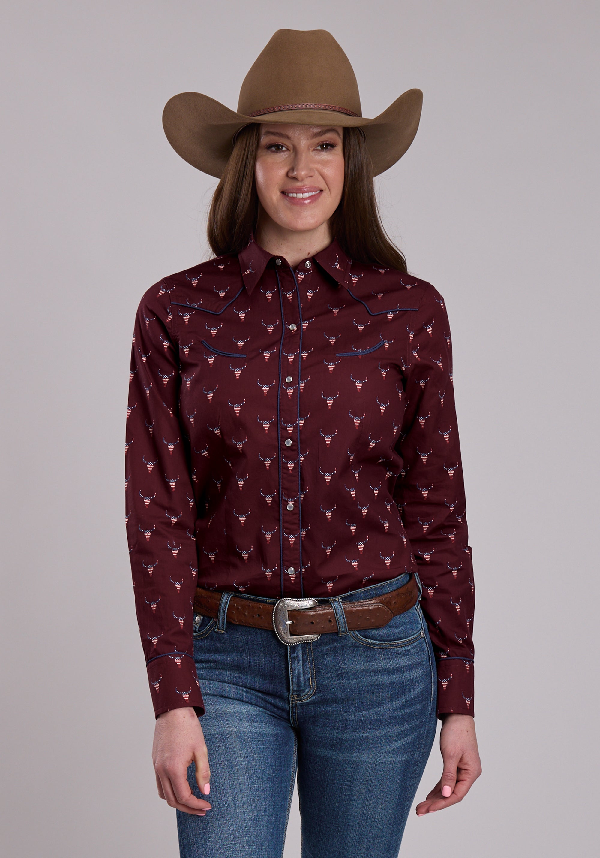 Womens Roper Skull Print Long Sleeve Snap Shirt